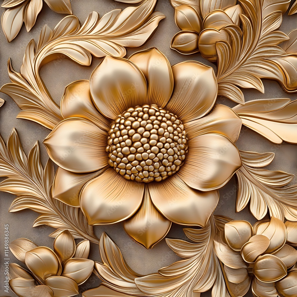 Elegant Golden Floral Pattern with Detailed Leaves and Blossoms Elegant Golden Floral Pattern with Detailed Leaves and Blossoms