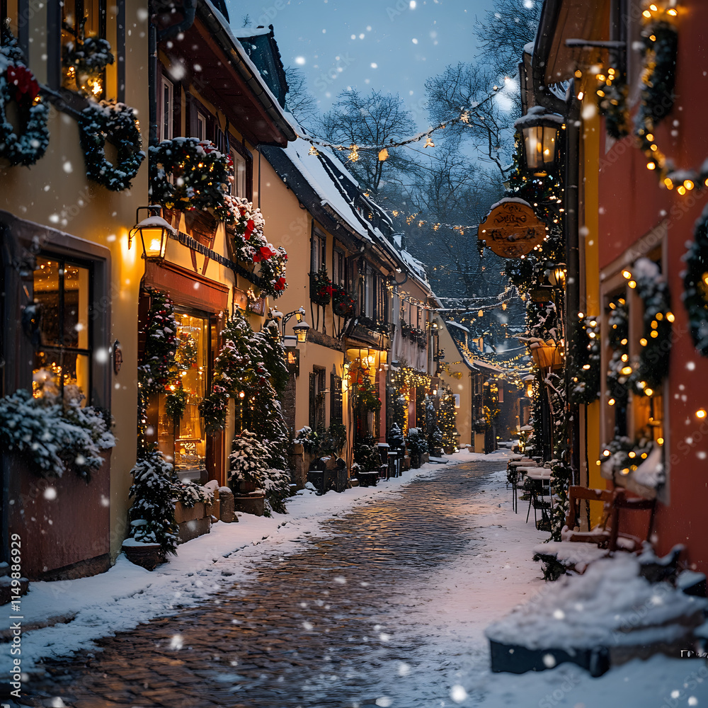 Charming winter street with festive decorations and snow falling during the evening in a picturesque village Charming winter street with festive decorations and snow falling during the evening in a picturesque village