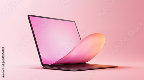 Laptop rollable screen roll concept. A sleek, modern laptop with a vibrant, curling screen against a soft pink background, showcasing a blend of technology and creativity. photo