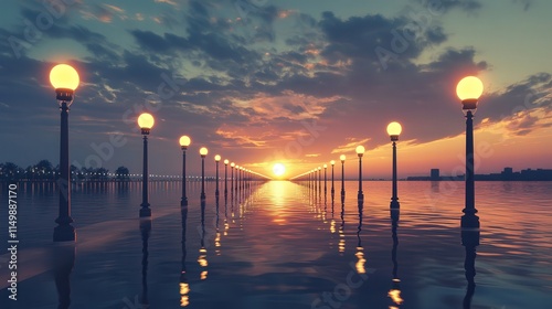 bridge with light bulb poles, their lights casting a gentle glow across the water beneath, as the sun sets in the distance, turning the sky into a mix of colors