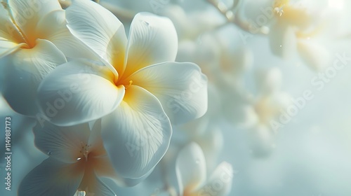 A tropical frangipani flower in white and yellow tones on a white background.