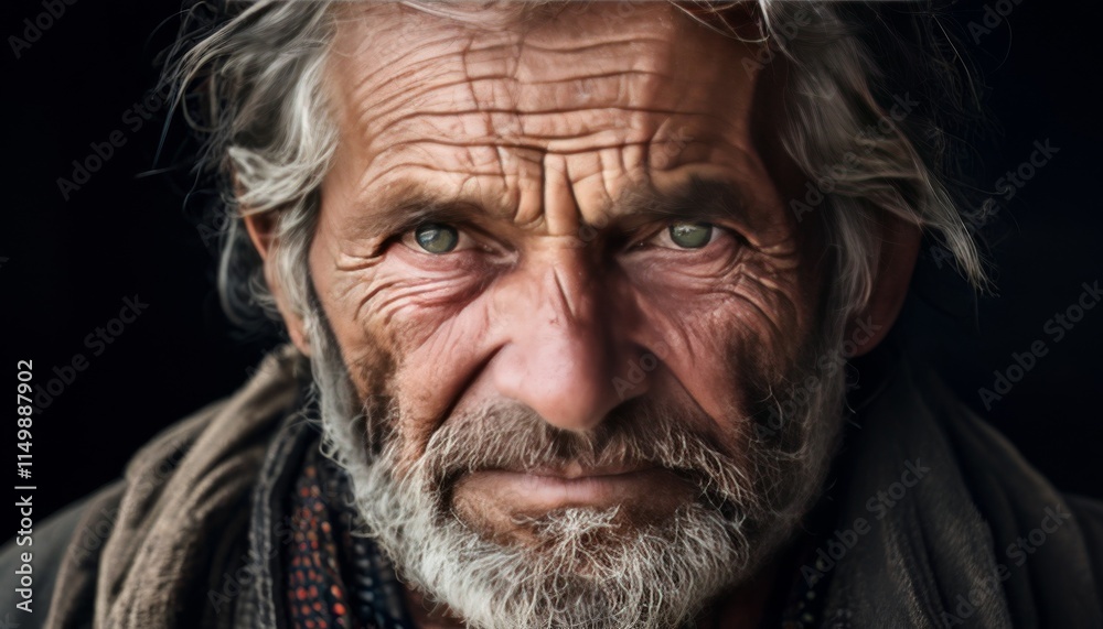 A striking portrait of an elderly man with deep wrinkles, grey hair, and piercing eyes. His weathered face and solemn expression evoke wisdom, life experience, and resilience.. AI Generation A striking portrait of an elderly man with deep wrinkles, grey hair, and piercing eyes. His weathered face and solemn expression evoke wisdom, life experience, and resilience.. AI Generation