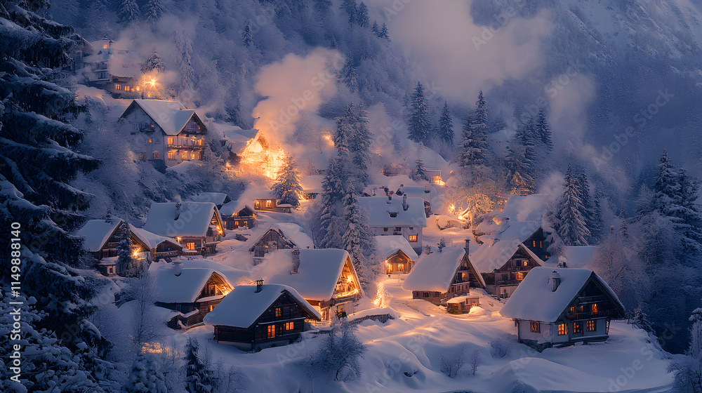 Fototapeta premium Snowy village at dusk with warmly lit cabins nestled among evergreen trees in a serene winter landscape