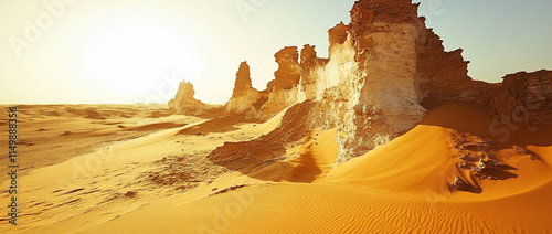 Desert landscape with sandstone formations at sunset.