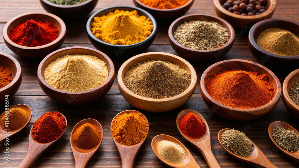Various spices displayed in bowls and spoons creating colorful composition Various spices displayed in bowls and spoons creating colorful composition