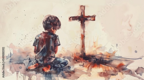 Watercolor brush painting concept, sad boy sitting near Christian cross in brown color.