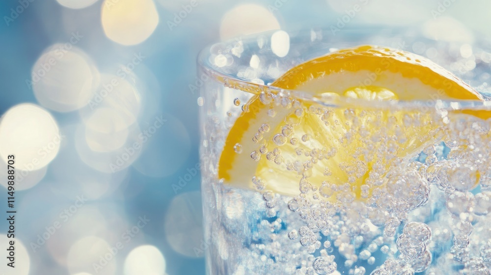Sparkling water with lemon slice in glass. Sparkling water with lemon slice in glass.