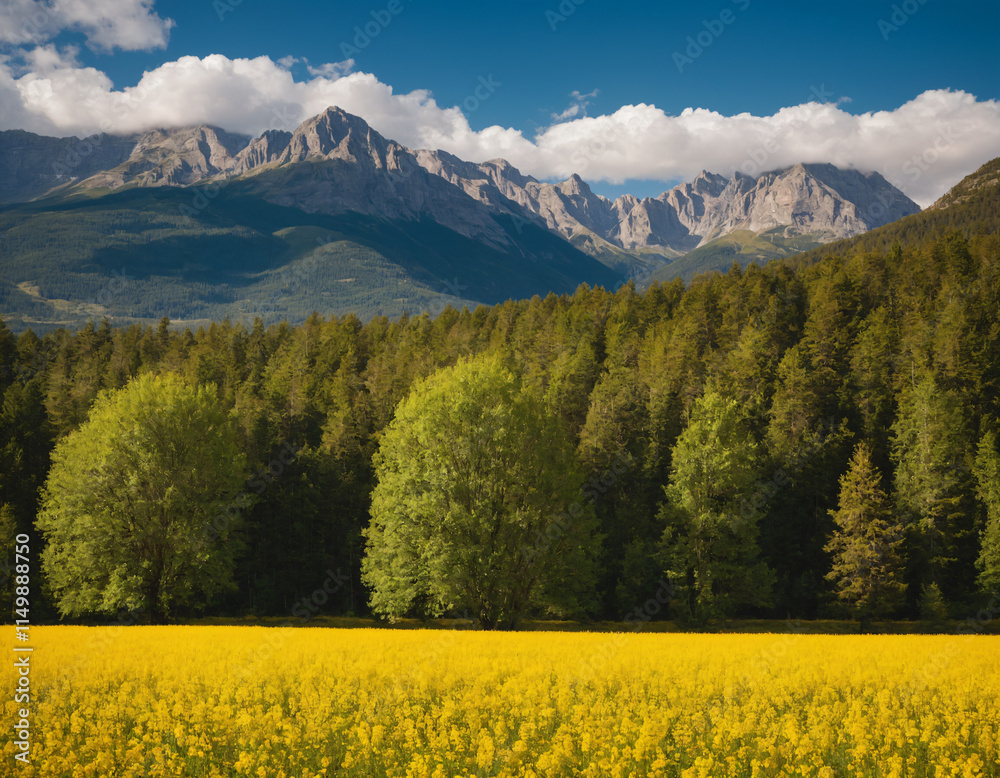 Obraz premium Scenic Landscape with Mountains, Forest, and Yellow Flower Field, Idyllic Meadow with Golden Blossoms and Majestic Mountains, Lush Forest and Vibrant Yellow Field Under Clear Blue Sky