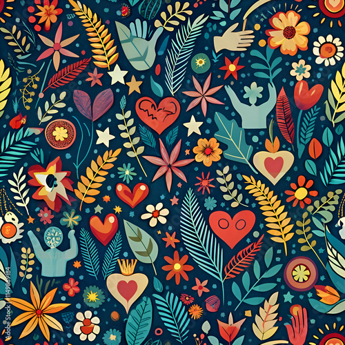 Wallpaper Mural Floral pattern with hearts and leaves. Torontodigital.ca