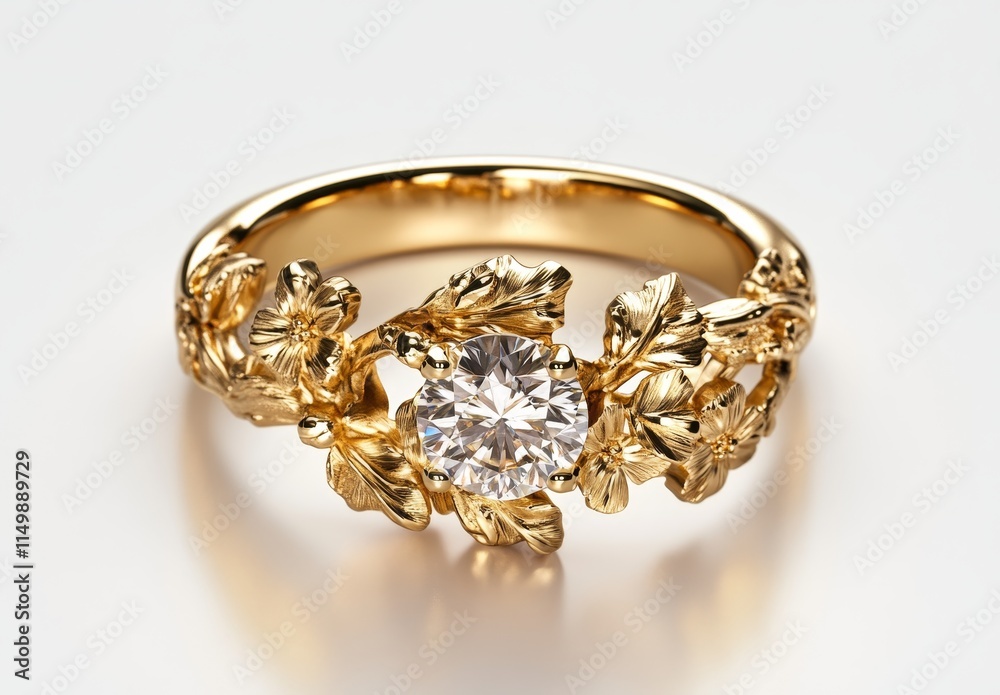 Gold ring with diamond and leaf design. Gold ring with diamond and leaf design.