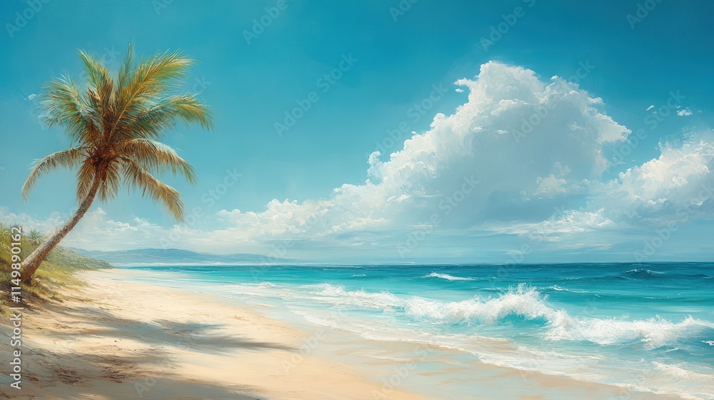 Obraz premium Serene beach scene; palm tree, ocean waves, sunny sky.
