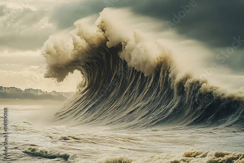 Majestic Ocean Wave Crashing Powerfully on Shore Dramatic Coastal Scene photo