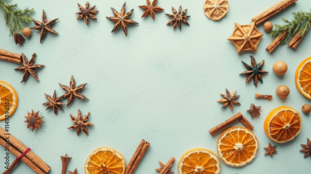 A Festive Frame of Star Anise, Cinnamon Sticks, and Dried Orange Slices on a Light Blue Background