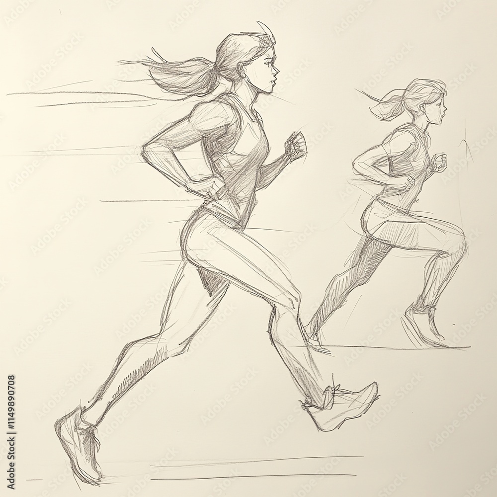 Fototapeta premium Dynamic sketches of a girl running, captured in various poses mid-motion