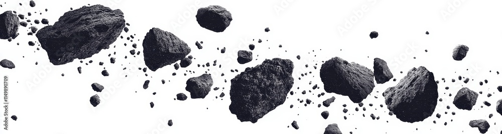 Asteroid field, space rocks, cosmic debris, dark stones, meteor shower, isolated on white background. Asteroid field, space rocks, cosmic debris, dark stones, meteor shower, isolated on white background.
