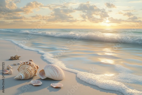 Beach at sunrise with soft waves and natural driftwood