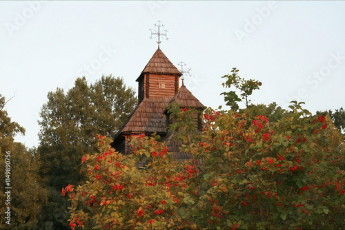 Wooden church in Pirogovo park, Kyiv, Ukraine