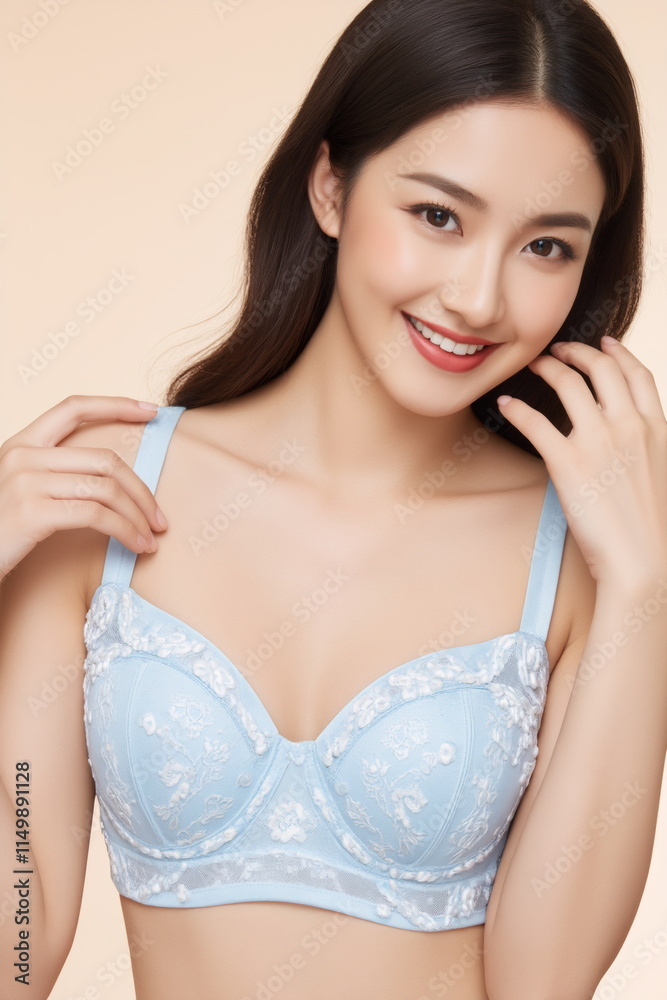 Obraz premium Photograph of an attractive, fair-skinned Asian woman with long dark hair, wearing a light blue lace bra, smiling.