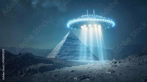 UFO spaceship above the pyramid with magical lights