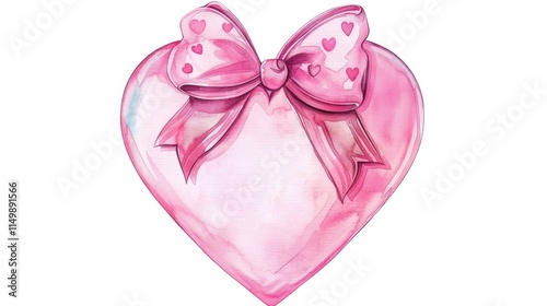 Watercolor pink heart with bow, love concept.