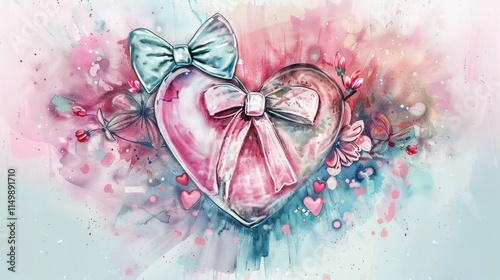 Watercolor pink heart with bow, love concept.