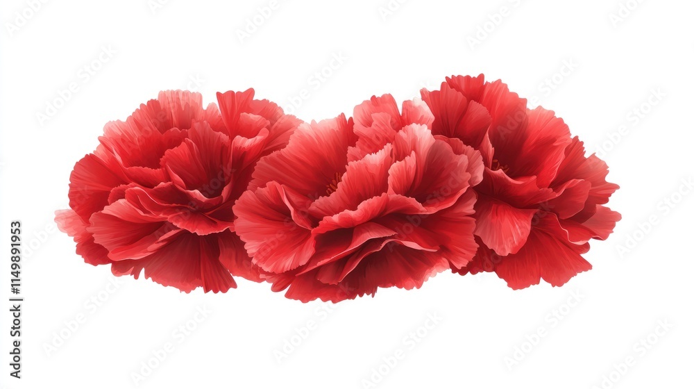 Three red carnations arranged horizontally on white background. Three red carnations arranged horizontally on white background.
