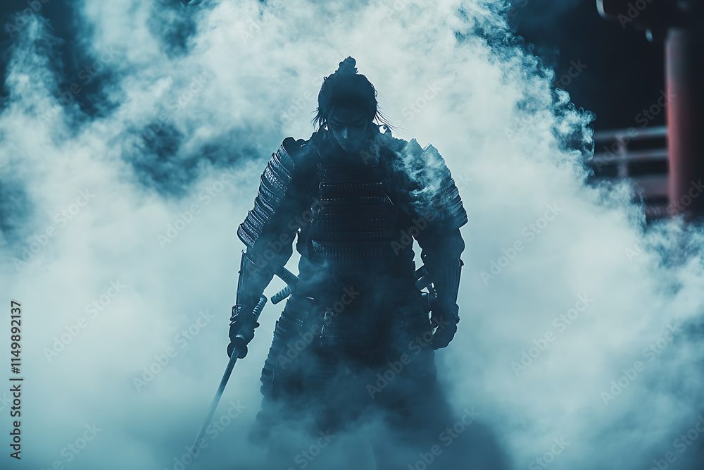 Samurai Warrior in Misty Environs: A Dramatic Silhouette of a Japanese Swordsman Samurai Warrior in Misty Environs: A Dramatic Silhouette of a Japanese Swordsman