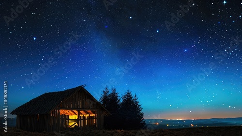 Wooden stable in the dark blue starry night, Jesus Christ birth concept