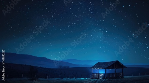 Wooden stable in the dark blue starry night, Jesus Christ birth concept