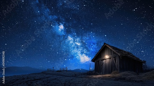 Wooden stable in the dark blue starry night, Jesus Christ birth concept