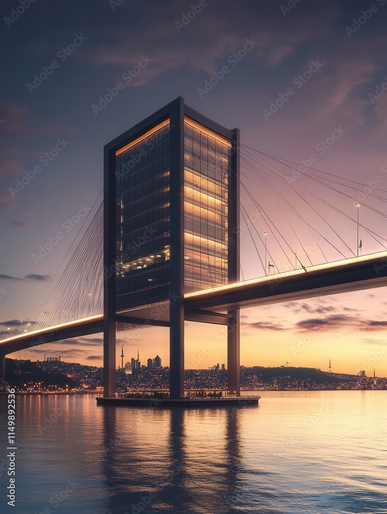 Obraz premium Bosphorus Strait in the evening, with the Istanbul Bridge beautifully lit up.