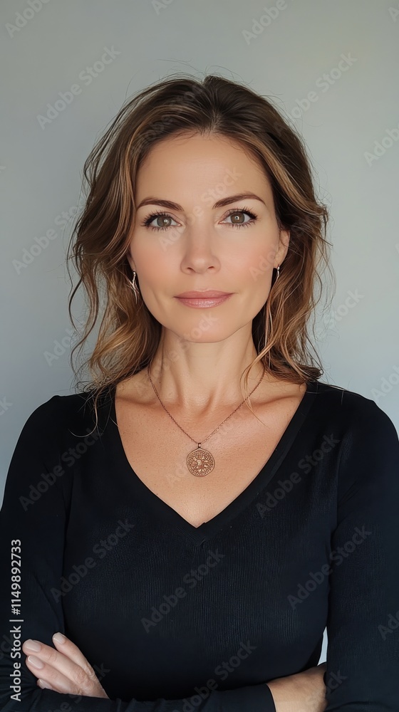 Woman with natural beauty poses confidently with arms crossed in a simple setting