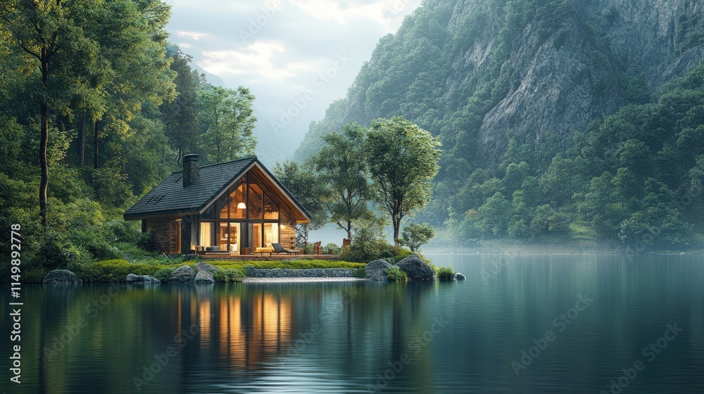 Fototapeta premium Secluded cabin, serene lake, mountain backdrop.