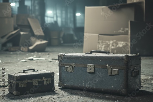 Two vintage suitcases sit on a dusty floor in a dimly lit abandoned warehouse. photo