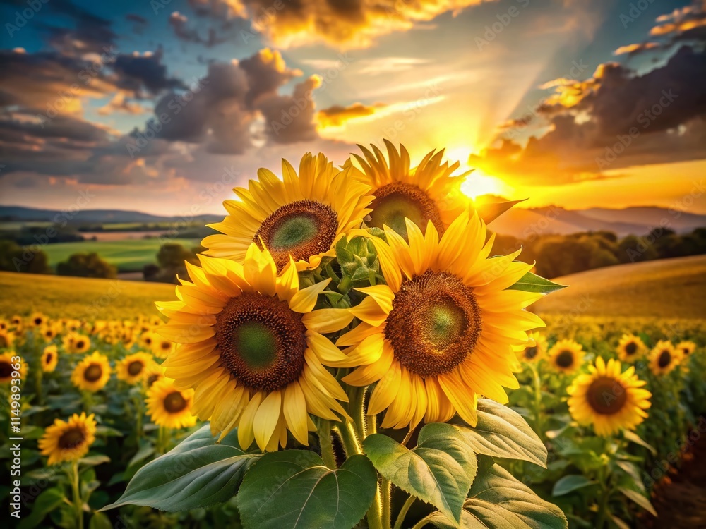 Fototapeta premium Vibrant Sunflowers in Summer Field: A Stunning Landscape Photography Stock Image