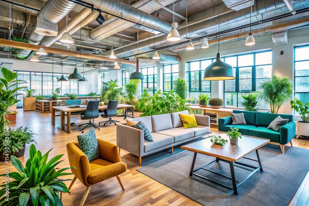 Naklejka premium Modern Coworking Space Design: Eye-Level Shot of Stylish Office Interior, Shared Workspace, Collaborative Environment