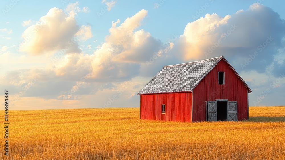 Red barn, golden field, cloudy sky. Red barn, golden field, cloudy sky.
