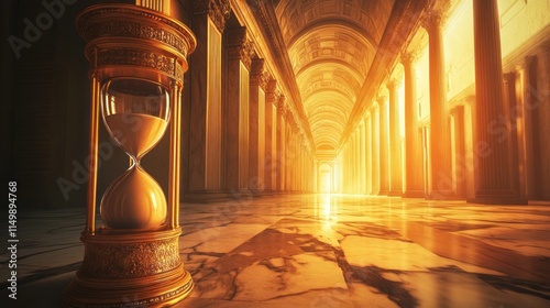 Hourglass in grand hall, sunlight streams through columns. photo