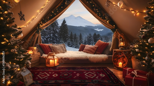 Christmas Glamping background interior camping cozy tent with views of snowy trees and winter rolling hills mountains teams backdrop. Fun for virtual online presentation remote video call meeting.