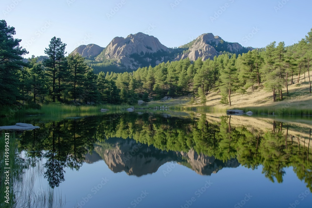 Tranquil mountain lake with pristine reflection of forest and peaks Tranquil mountain lake with pristine reflection of forest and peaks