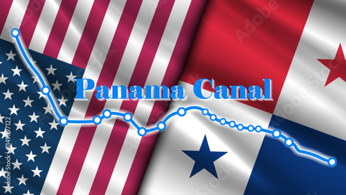 Vector political banner. Wavy flags of USA and Republic Panama. United States of America. Panama Canal diagram.