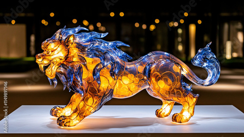 hyper realistic holographic display of lion, showcasing intricate details and vibrant colors, captures attention modern art setting. lion fierce expression and dynamic pose evoke sense of power photo