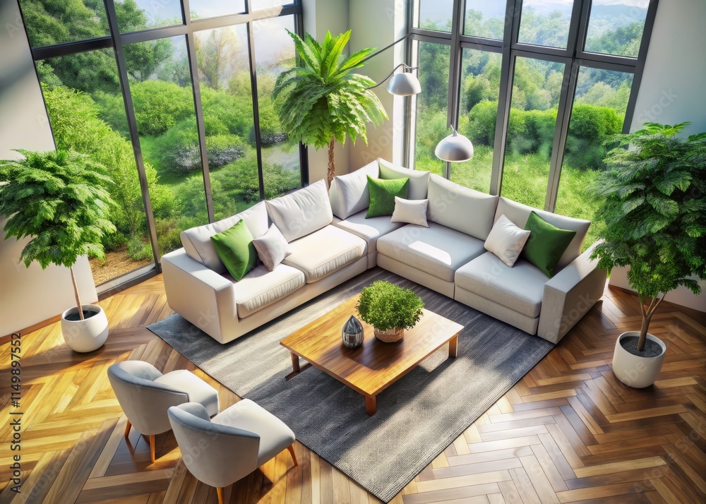 Fototapeta premium Modern Living Room Interior Design: White Sectional Sofa, Green Plants, Grey Rug, Bird's Eye View