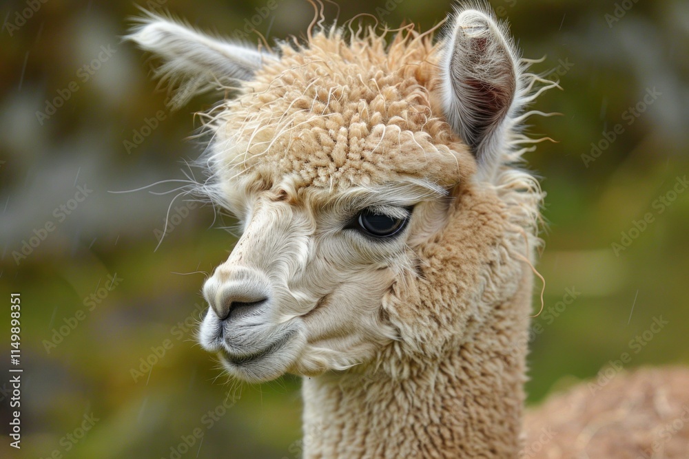 Obraz premium Close up of fluffy alpaca showing serene expression in its natural environment