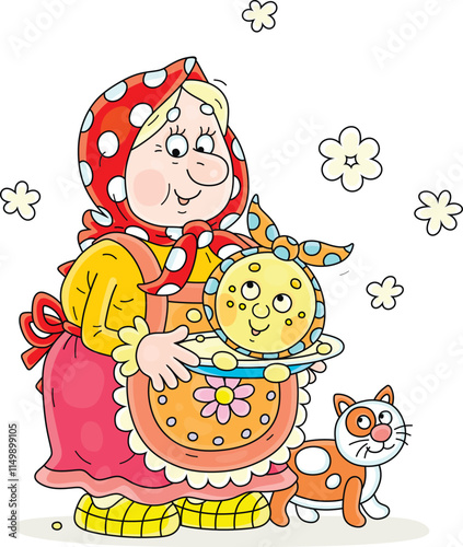 Granny in traditional country clothes holding a dish with a funny round loaf kolobok freshly baked in her village oven for a festive table, vector cartoon illustration on a white background