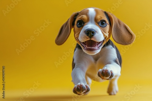 Beagle puppy joyfully running against bright yellow background photo