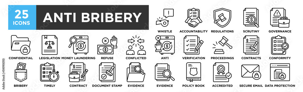 Anti-Bribery icon collection set. Containing design Whistleblower, Accountability, Regulations, Scrutiny, Corporate Governance