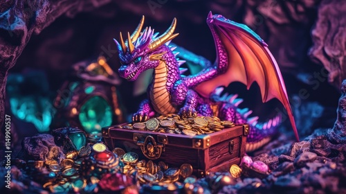 Purple dragon guarding treasure chest filled with gold coins and jewels in dark cave.