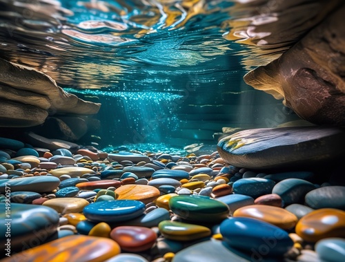 A vibrant riverbed filled with multi-colored river stones, polished and rounded from water erosion, visible underwater with ligh,generative ai photo