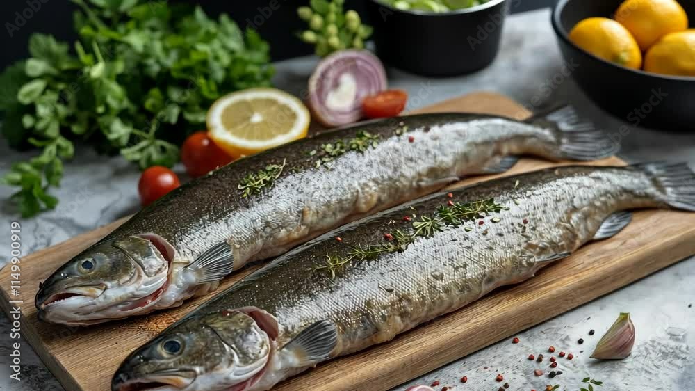 Freshly prepared trout on a wooden cutting board with vibrant ingredients and herbs ready for cooking Freshly prepared trout on a wooden cutting board with vibrant ingredients and herbs ready for cooking